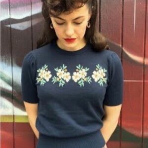 JOANIE Navy Embroidered Vintage-Style Short Sleeve Sweater- Rare/Discontinued